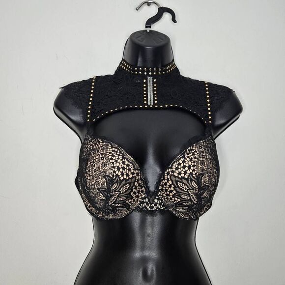 Victoria’s Secret High-Neck Push-Up Bra Size 34D Black Lace - Picture 2 of 5